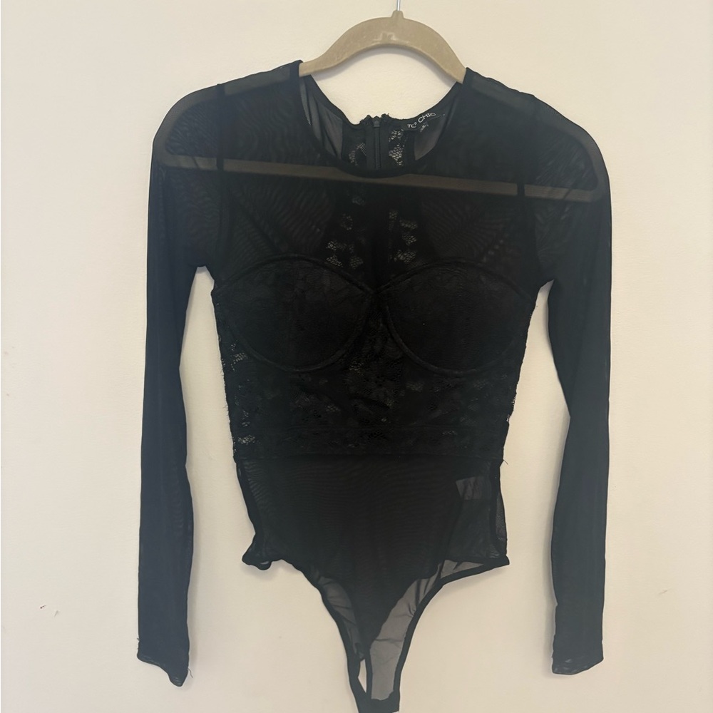 Chic Black Lace Long Sleeve Bodysuit sheer sexy feminine size S Lolita NWOT